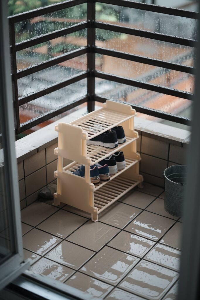 Plastic Multi-Tier Rack on Rainy Balcony Corner