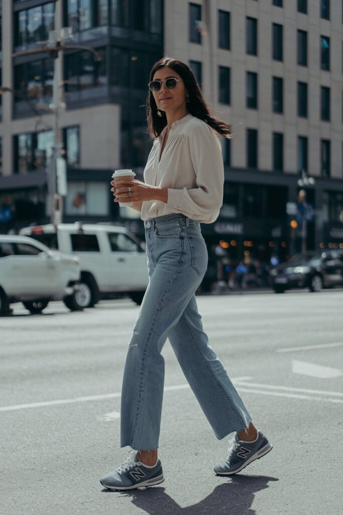 woman in high-rise straight jeans with a tucked-in flowy blouse and a pair of New Balance sneakers