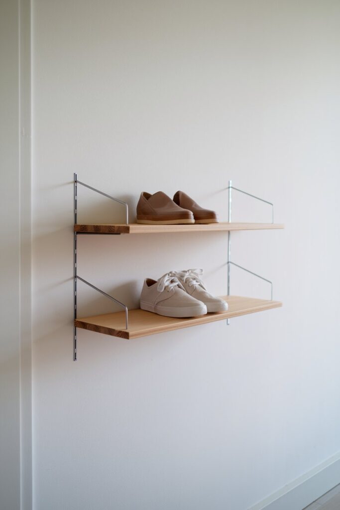 Floating wooden shoe shelf mounted 