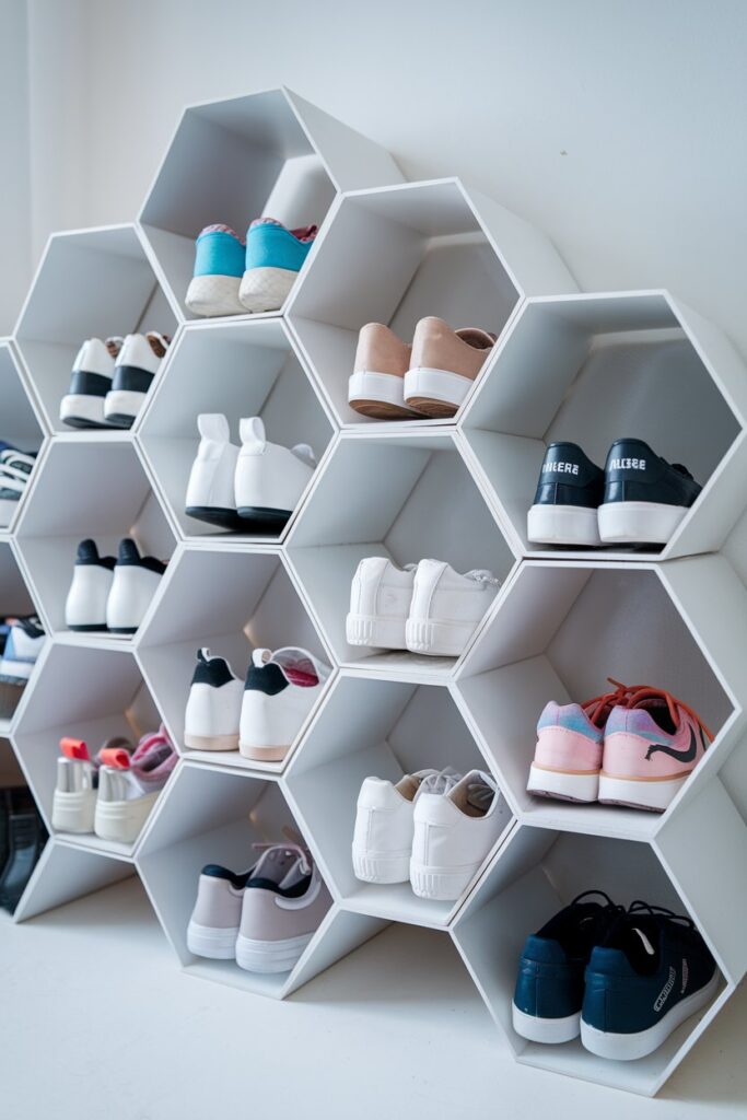 Modern DIY shoe rack made from large white PVC pipes arranged in a honeycomb shape