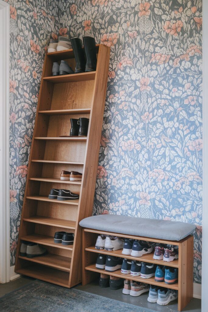 A small wooden bookshelf flipped on its side, repurposed as a shoe rack