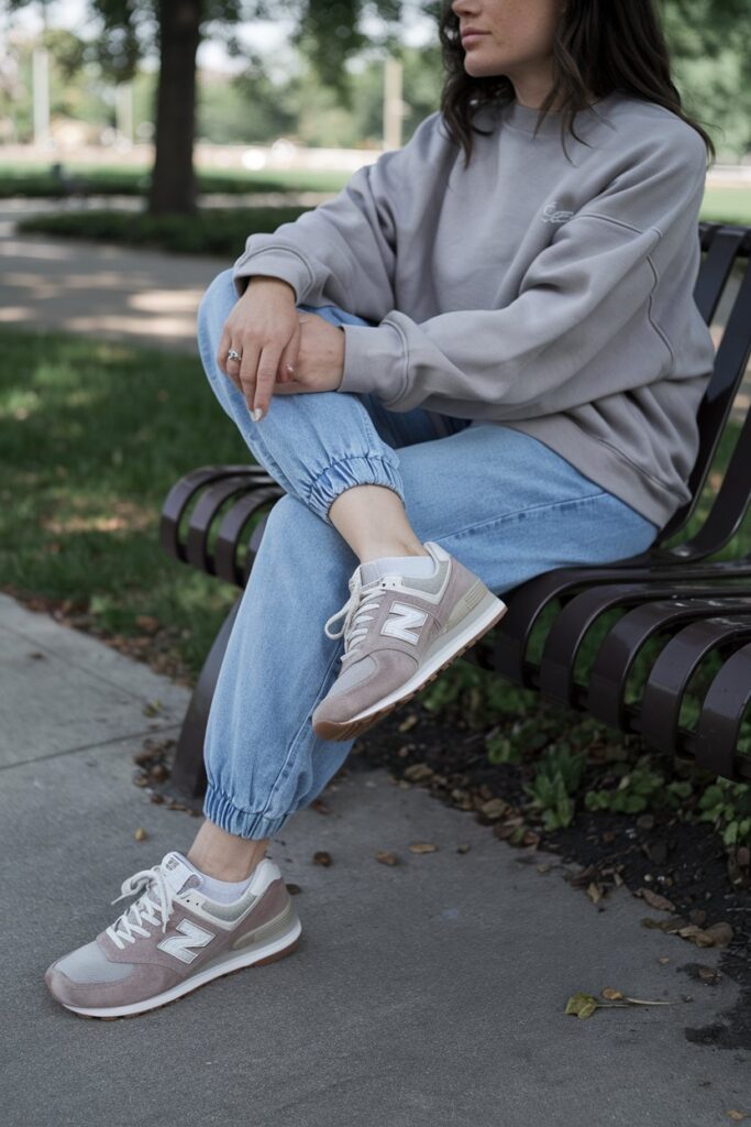 A relaxed woman in jogger-style jeans and an oversized sweatshirt with comfy New Balance sneakers