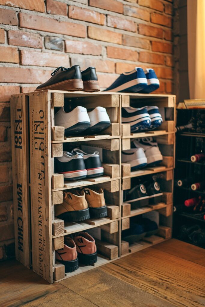 Upcycled wine crates turned into a rustic shoe rack,