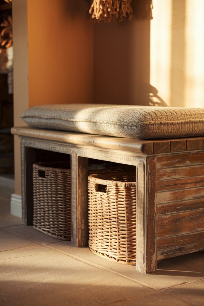 Rustic Farmhouse Shoe Bench with Wicker Baskets