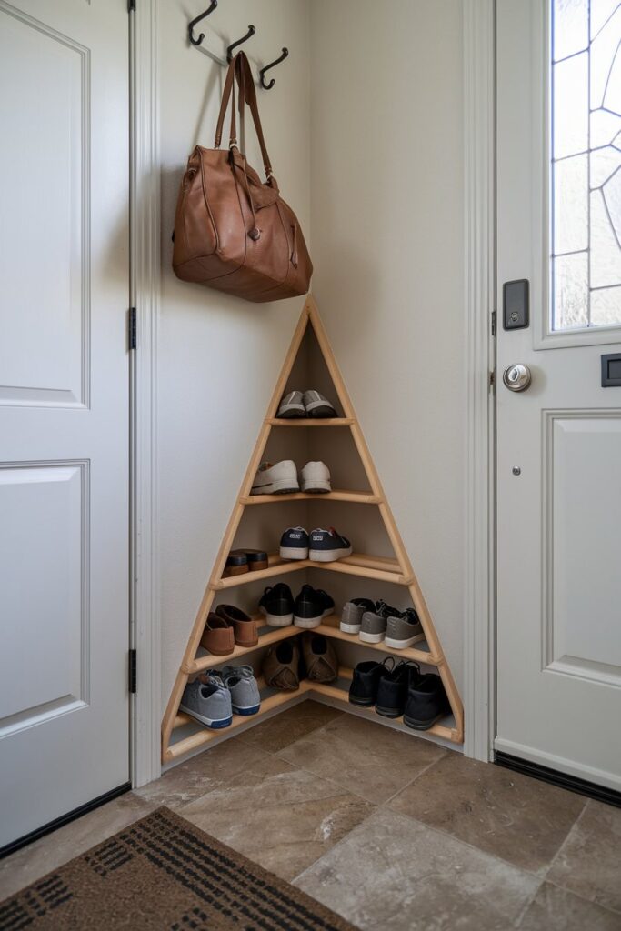 Corner Shoe Rack Nestled Between Wall and Entry Door