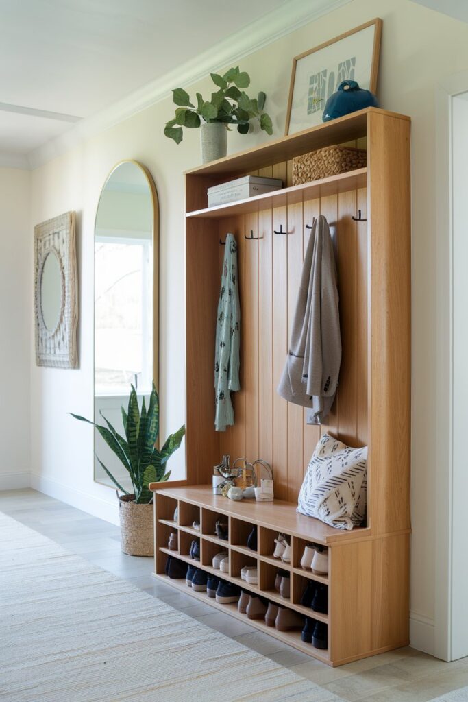 Tall wooden entryway tower with shoe cubbies, coat hooks, and decorative items on top,