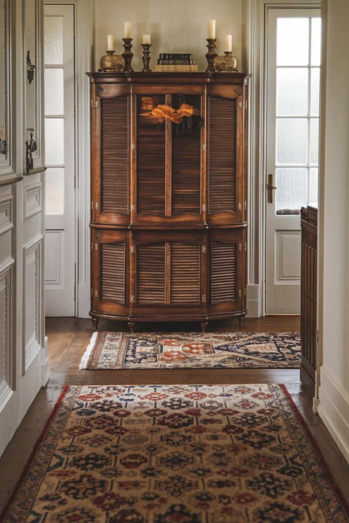 Elegant wooden shoe hutch with shutter doors,