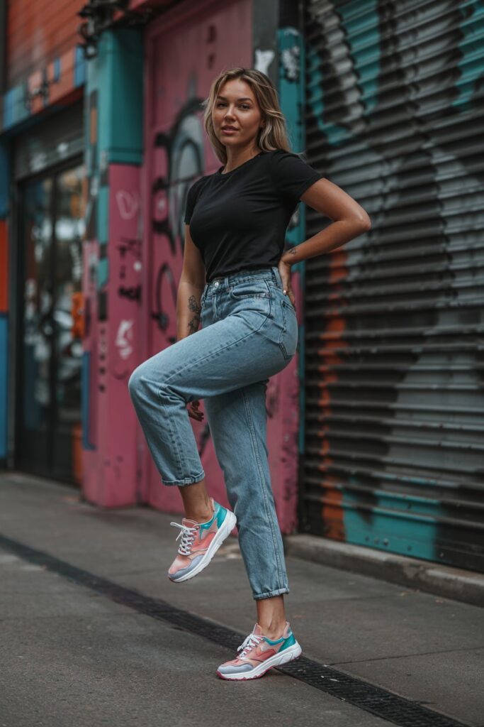 Trendy woman showing off bold colorful tennis shoes with cropped denim jeans and a black fitted tee