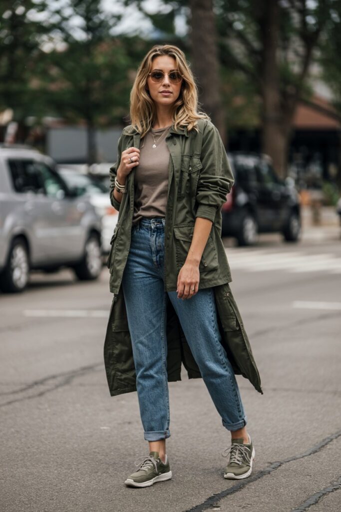 Trendy woman styled in dark-wash jeans and olive tennis shoes, layered with a utility jacket and tee 