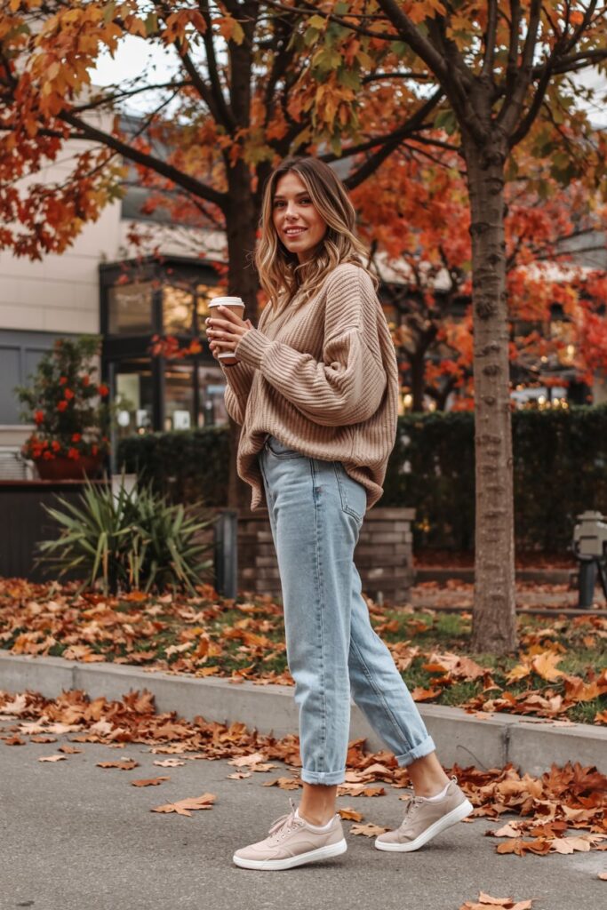 	Trendy woman in mid-wash straight-leg jeans and neutral tennis shoes, chunky knit sweater tucked in, holding coffee under fall trees