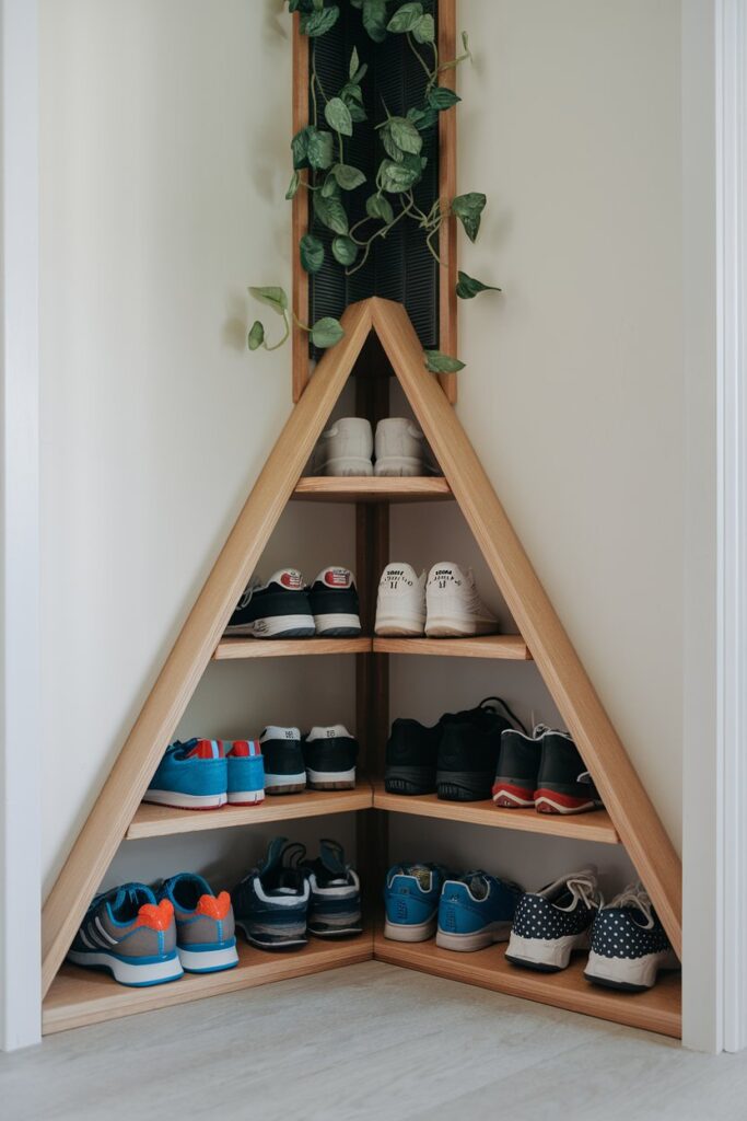 Triangular wooden corner shelf stacked with shoes