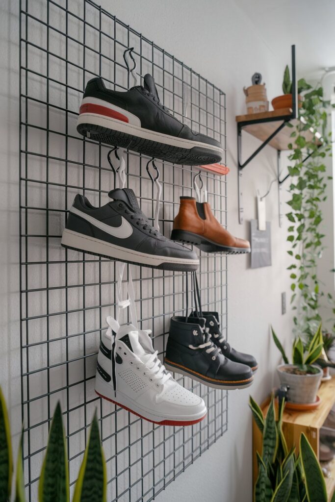 A black or gold metal mesh grid on a white wall, shoes hanging via S-hooks. Stylish sneakers and boots on display