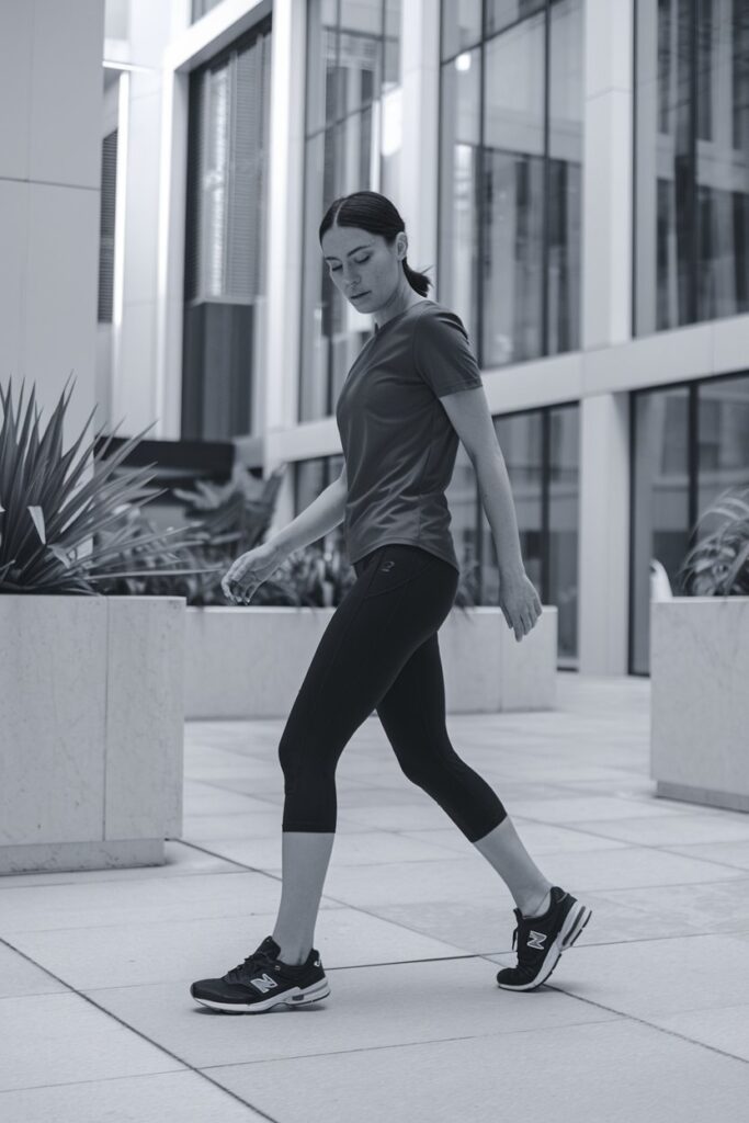 A minimalist look: a woman in sleek black capris and a matching tee, wearing New Balance 550 sneakers