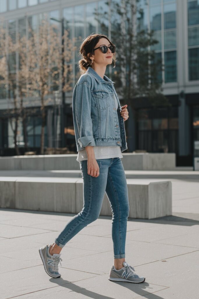 "A woman layering a denim jacket over a simple tee with well-fitting jeans and New Balance sneakers.