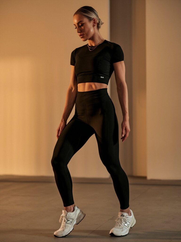 A woman in black leggings and a fitted black crop top, wearing crisp white New Balance 550s