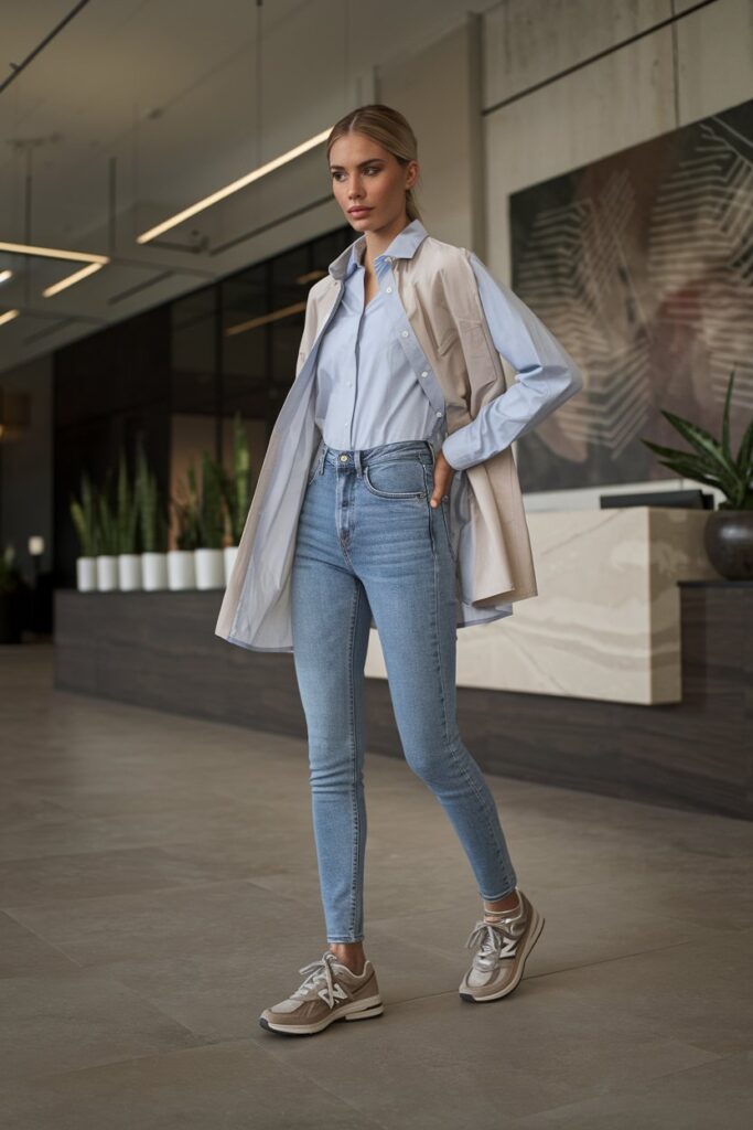 A woman in slim high-rise jeans and a crisp button-up shirt paired with neutral-toned New Balance sneakers.