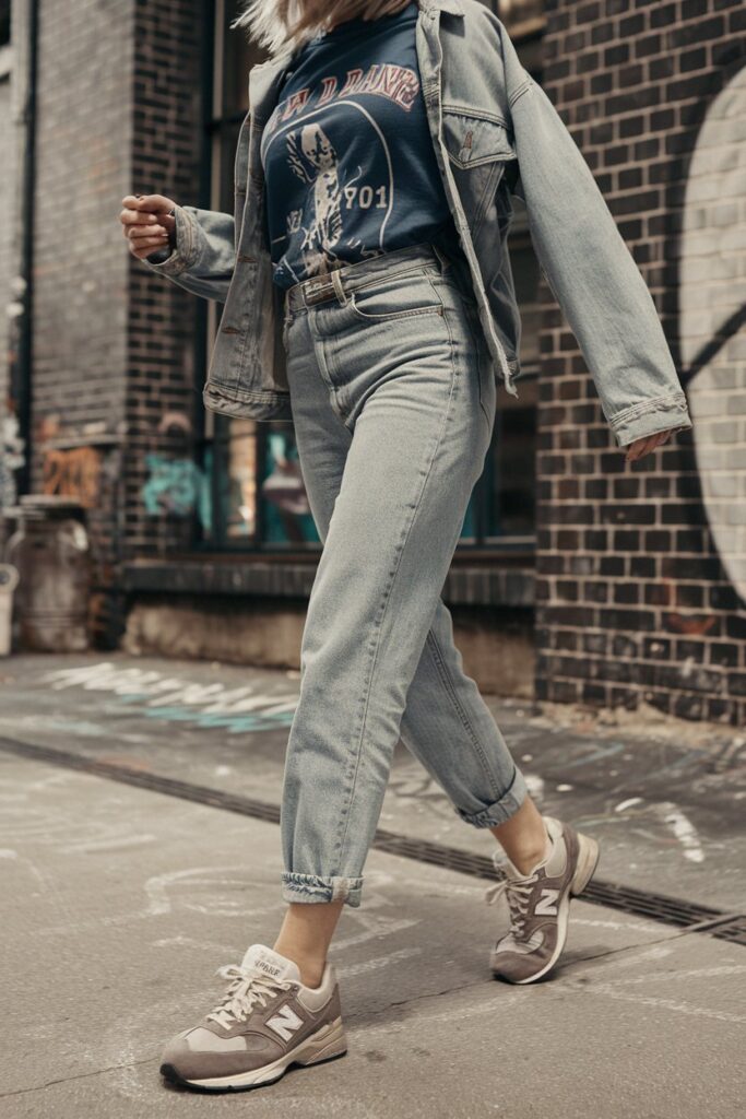  woman in vintage mom jeans, a band tee, and a denim jacket, styled with New Balance 550 sneakers