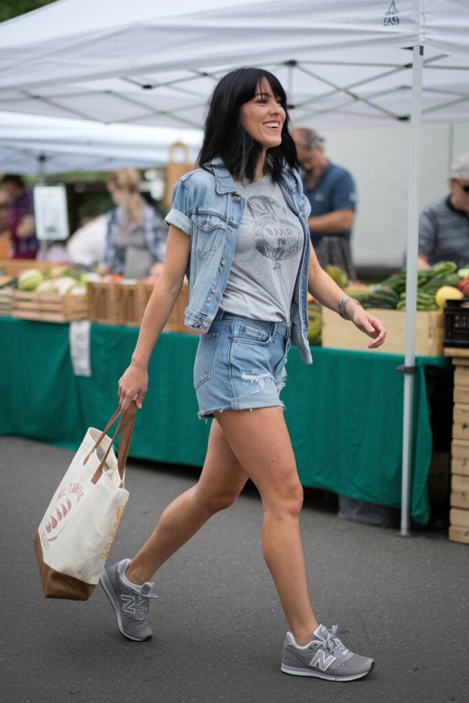 A woman in denim shorts or capris, a casual graphic tee, and sporty New Balance sneakers.