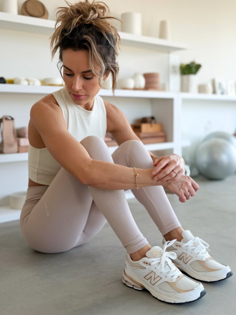 Ivory tank, beige leggings, and white New Balance shoes with subtle rose gold or metallic gold detail