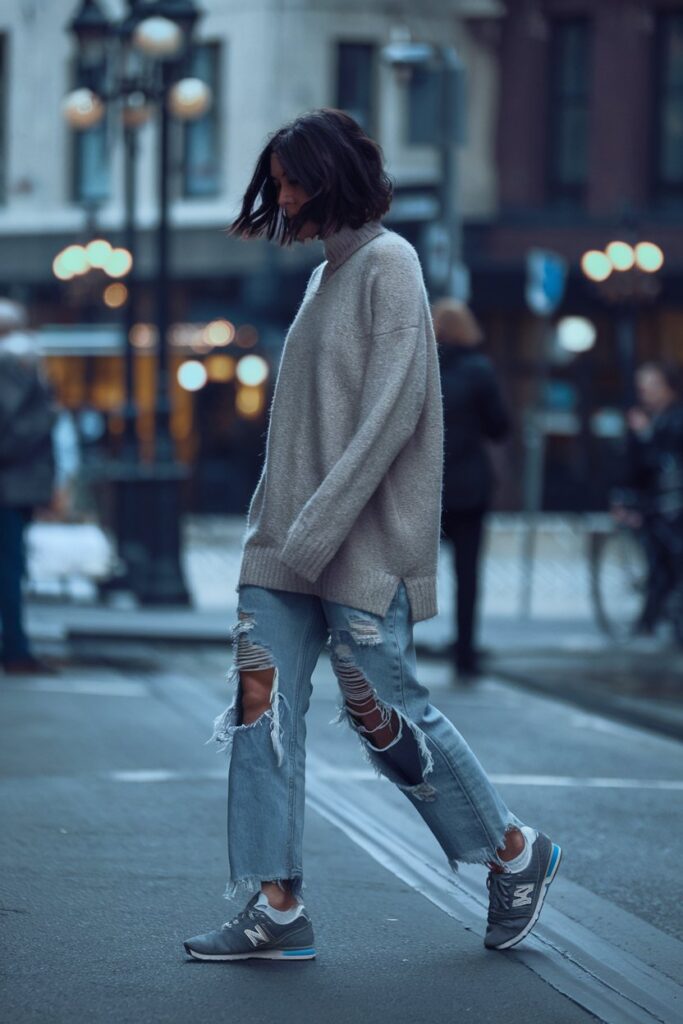 woman in distressed, ripped jeans paired with an oversized, soft sweater and New Balance sneakers