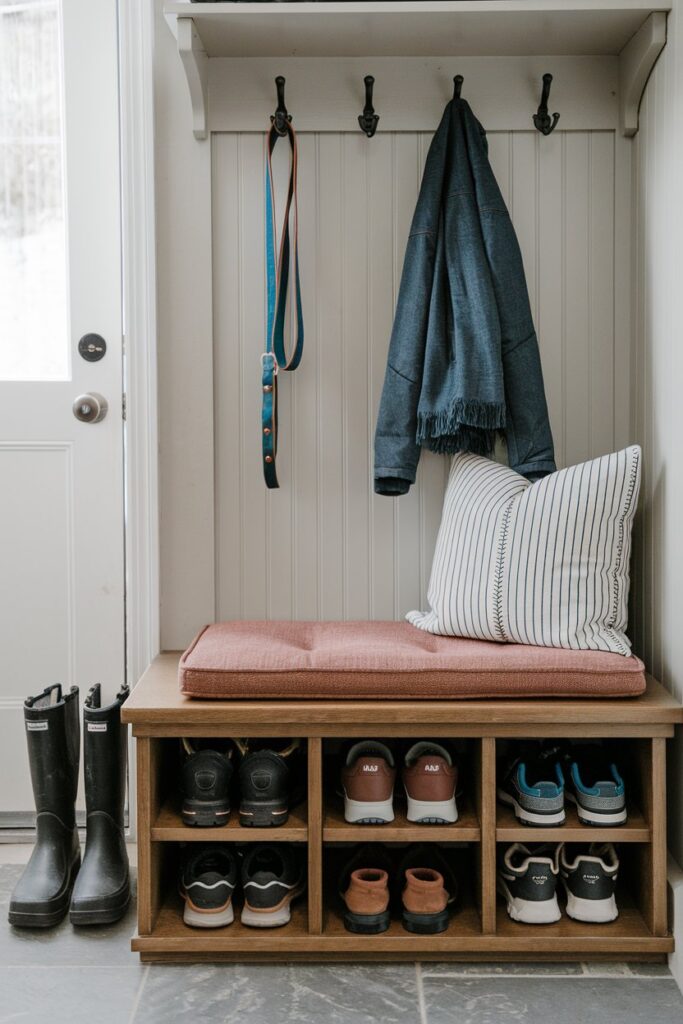 Wooden bench with shoe cubbies underneath