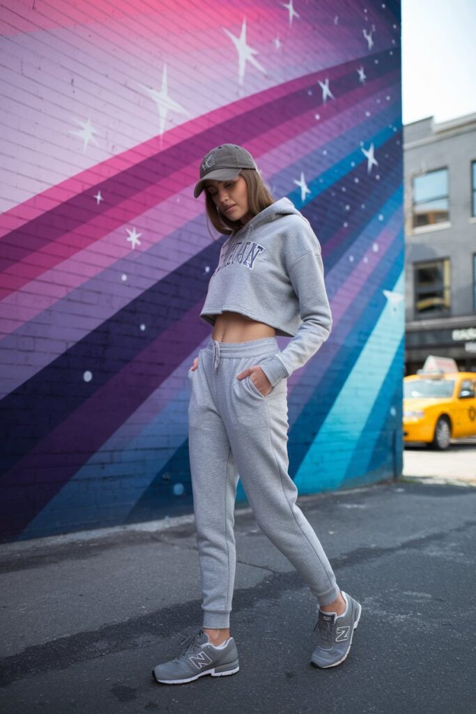 A young woman in grey joggers and a cropped hoodie paired with New Balance 550 sneakers
