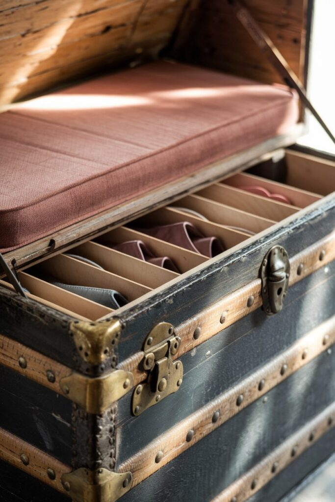 Vintage Trunk Transformed into Shoe Storage Bench
