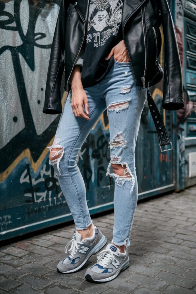 leather jacket paired with New Balance 550 sneakers