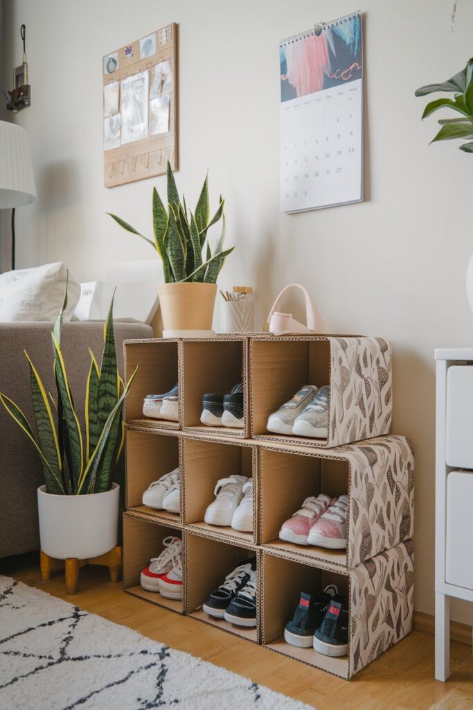 Vintage-style wine crates lined up side by side as shoe cubbies.