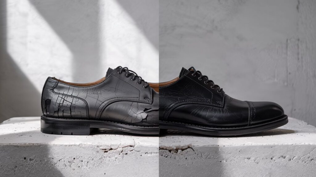 One shoe before repair, one after repair