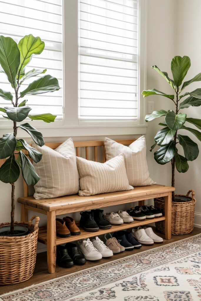 Classic Wooden Bench with Open Shoe Shelves