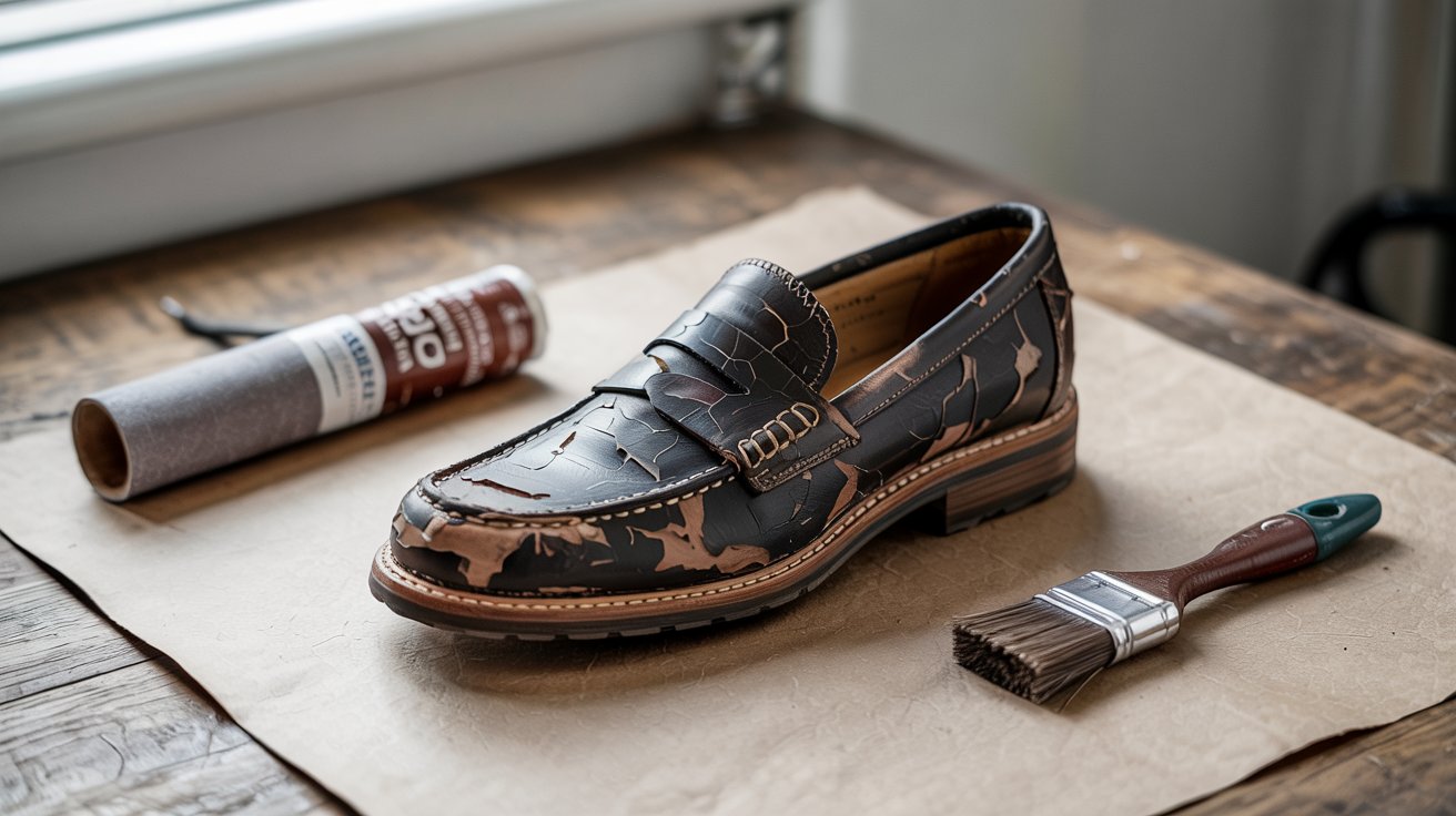 A stylish flat-lay of a peeling faux leather shoe + repair tools