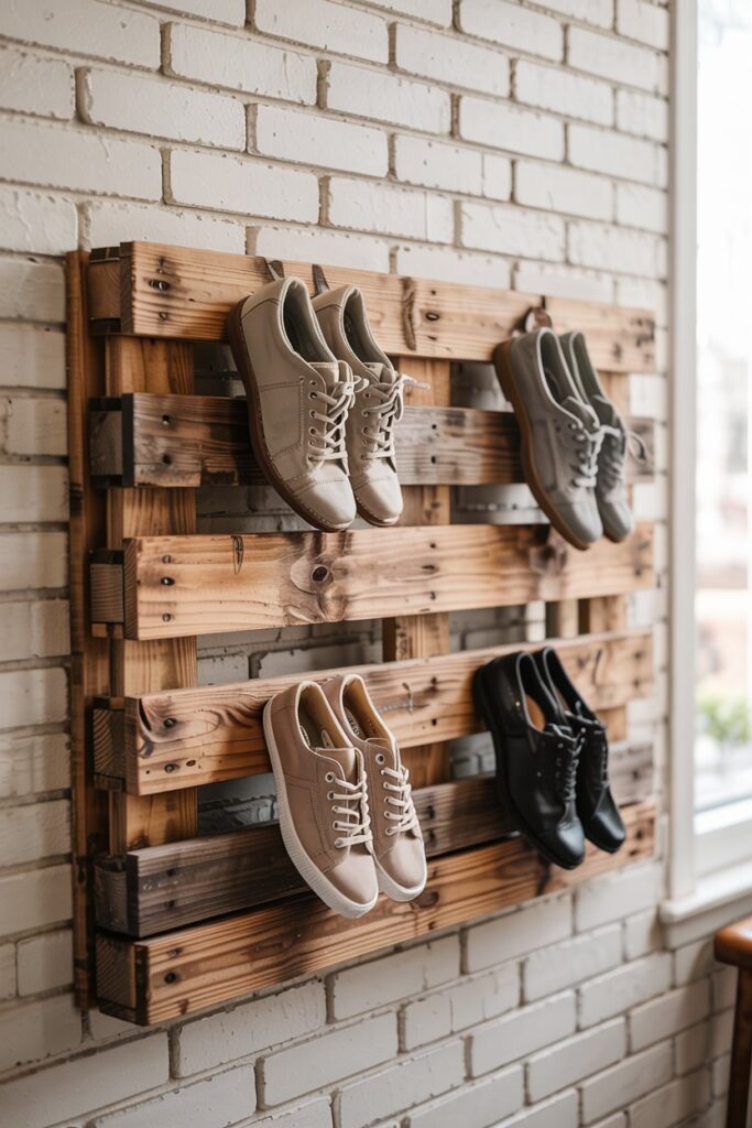 A reclaimed wood pallet mounted horizontally on a wall, 