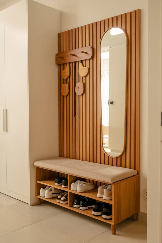 The Slatted Wood Bench with Mirror and Hooks
