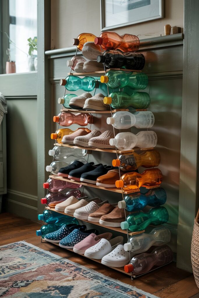 A DIY shoe rack made from cut 2L plastic bottles, arranged in a pyramid shape, each holding slippers or small shoes.