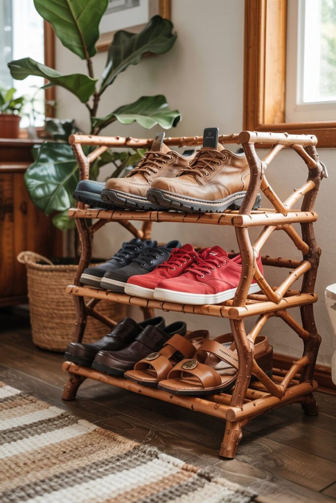 Artistic shoe rack made of sealed natural tree branches with shoes perched creatively