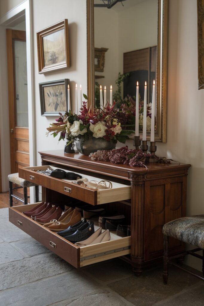 “Elegant wooden console table with deep drawer pulled open to reveal shoes