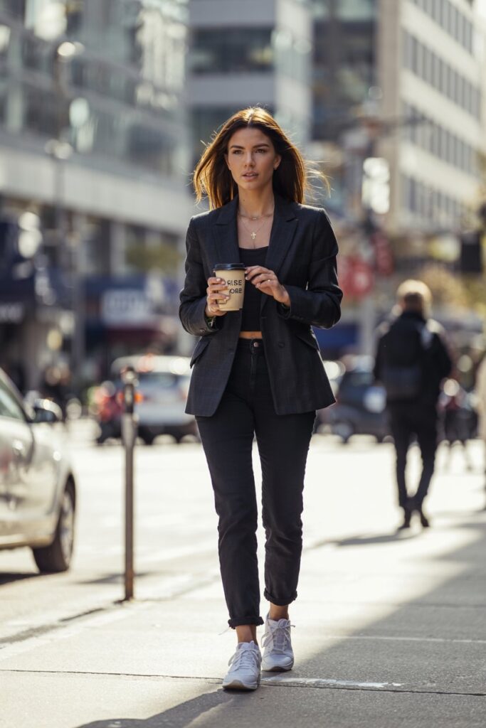 Trendy woman in a structured blazer, straight-leg jeans, and white tennis shoes, holding a coffee cup on her way to work