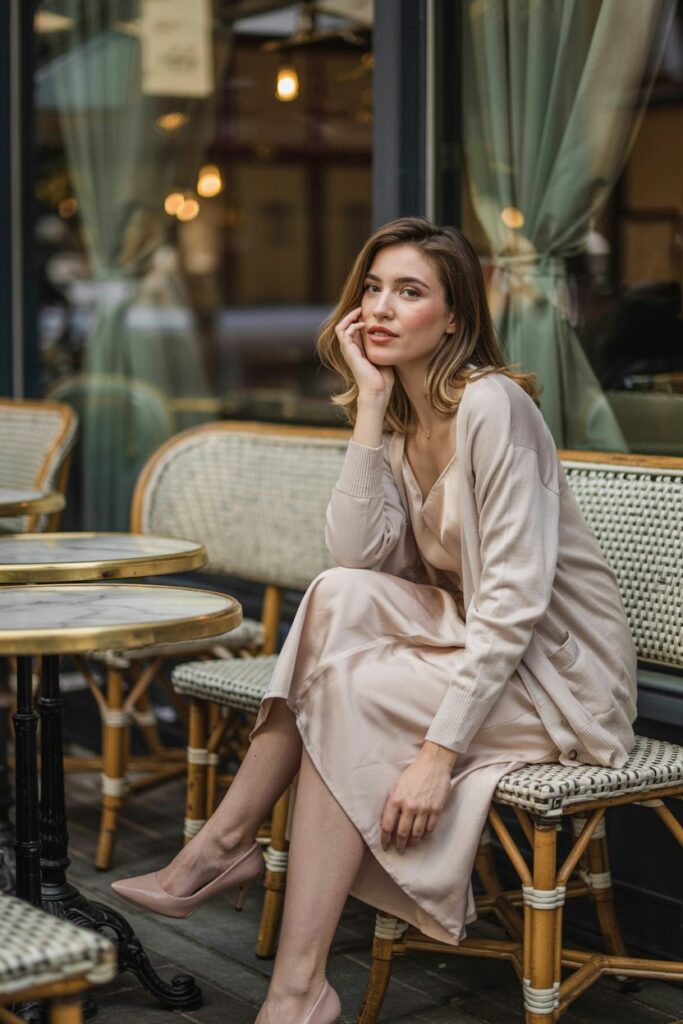 Woman model seated on a café bench wearing a slip dress and soft cardigan, legs crossed, showing pointed-toe kitten heels in soft lighting