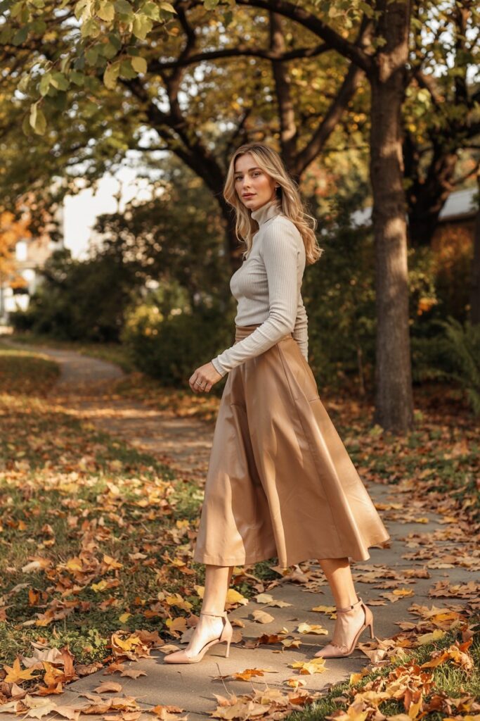 Model walking through a leaf-covered park path in a midi skirt and turtleneck, showing ankle-strap kitten heels in autumn hues