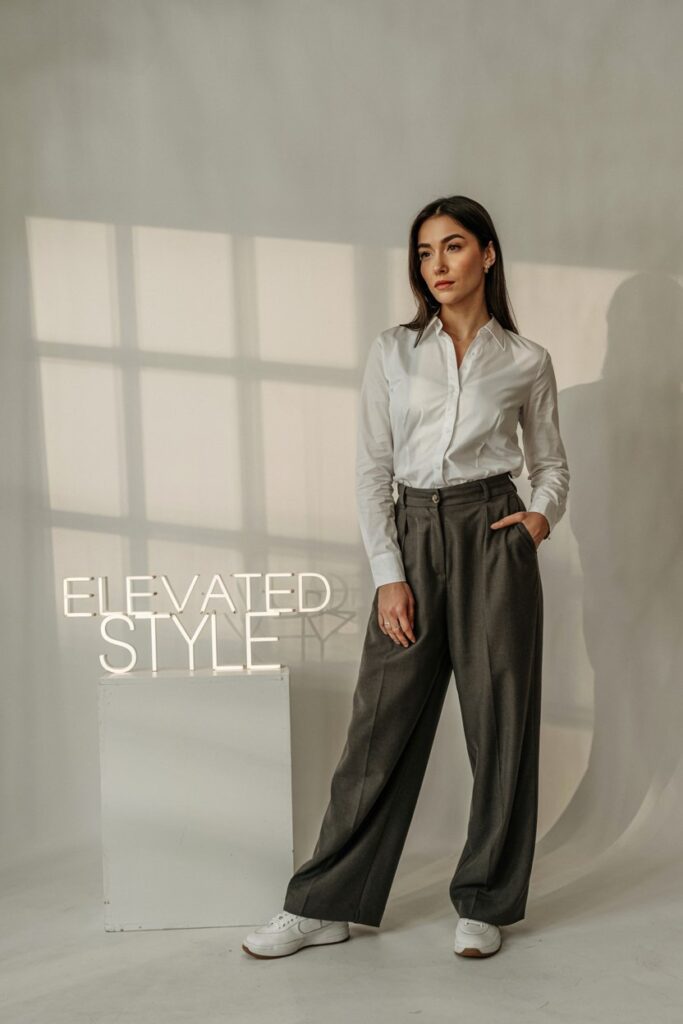 Trendy woman standing confidently in wide-leg trousers, crisp white button-up shirt, and minimalist white sneakers