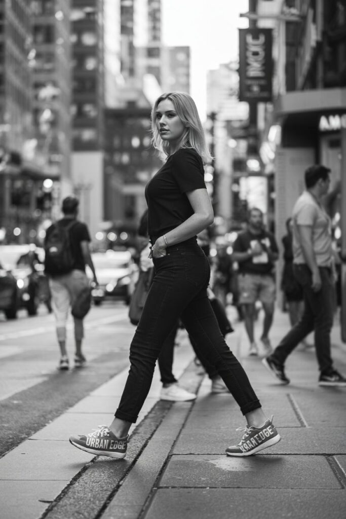 Trendy woman in black jeans, black tee, and bright statement tennis shoes, walking confidently on a city sidewalk 
