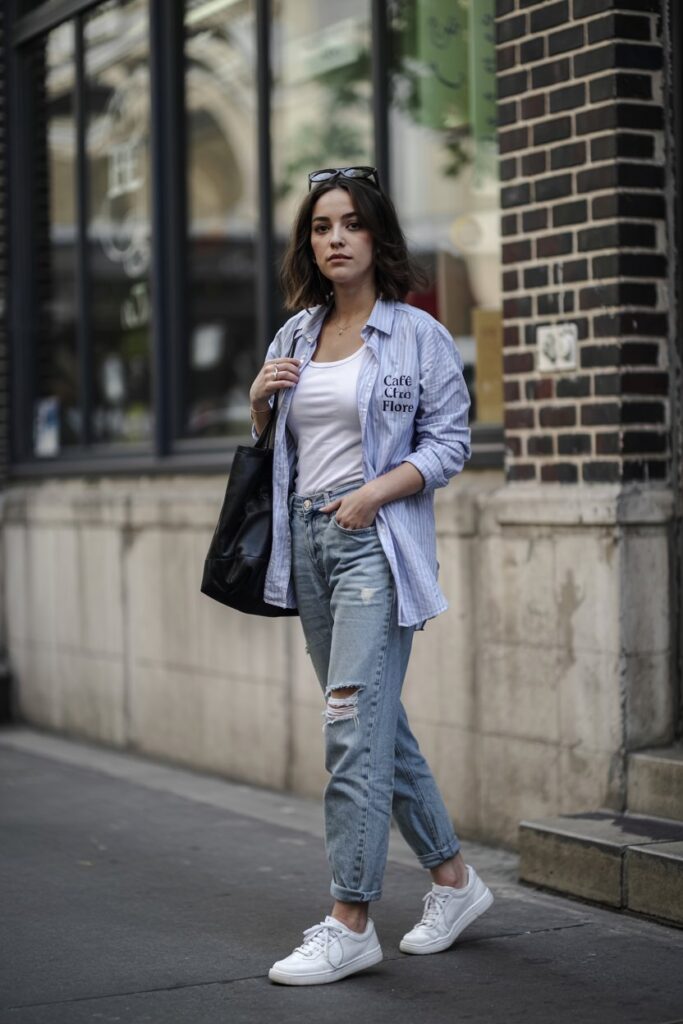 Trendy girl wearing distressed jeans and sleek white tennis shoes, layered with a white tank and an open button-down shirt 