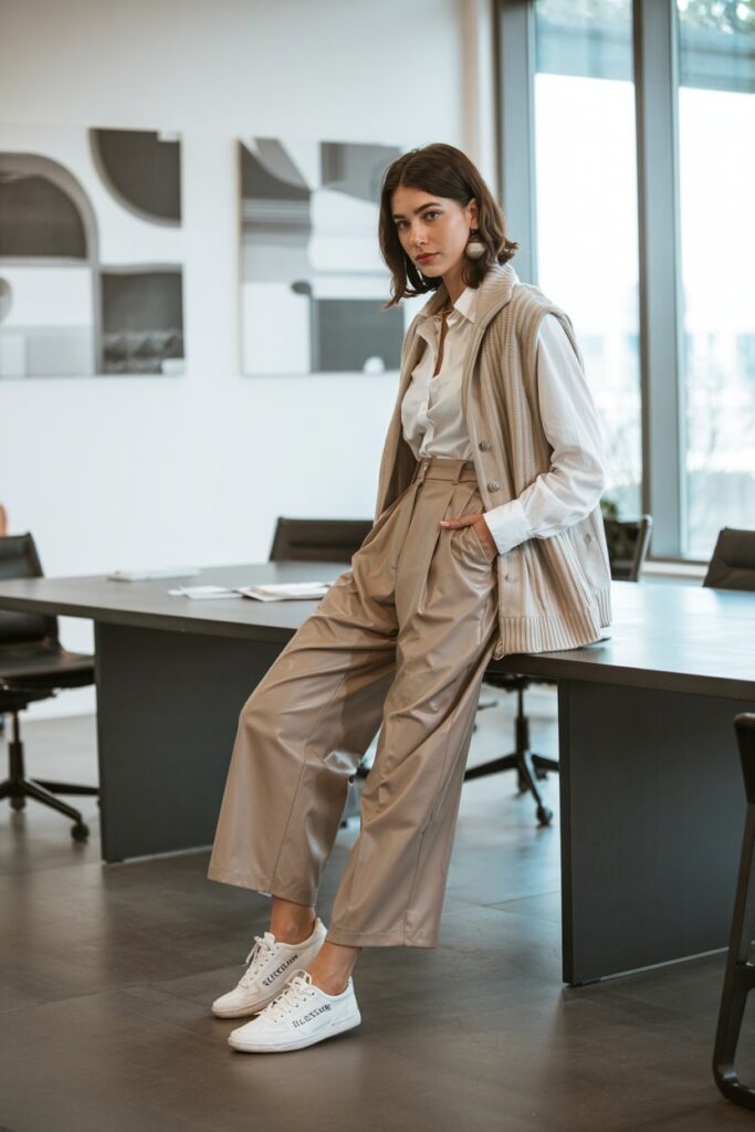 Trendy girl wearing cropped neutral trousers, button-down shirt under a knit vest, and casual sneakers, standing near a meeting table 