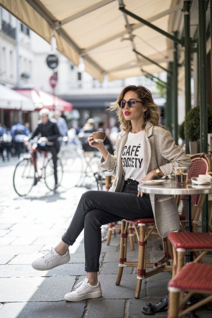 Trendy woman sitting at an outdoor café in dark skinny jeans and crisp white tennis shoes, oversized blazer and graphic tee