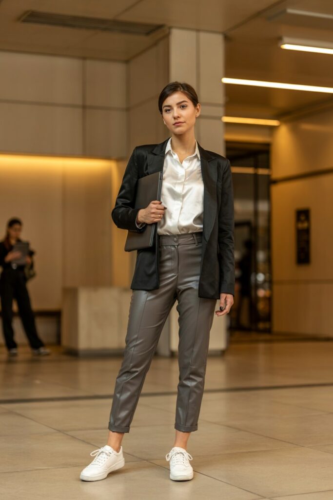 Trendy woman in a structured blazer, tucked-in blouse, slim cigarette pants, and white tennis shoes, standing in a modern office lobby