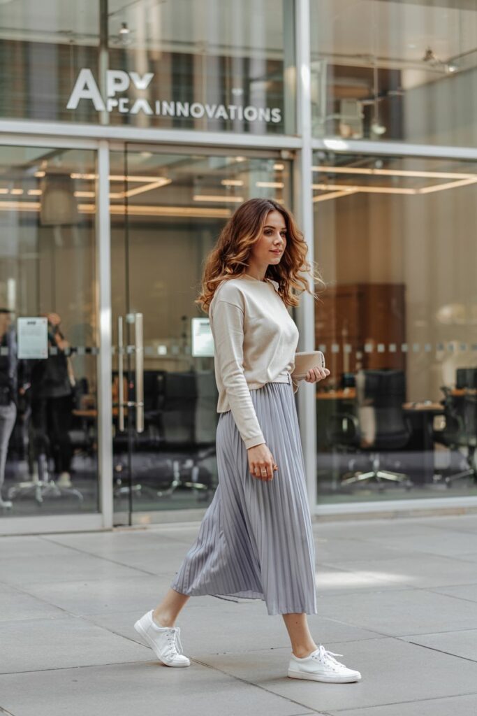 	Trendy girl in a pleated midi skirt, soft crewneck sweater, and low-top sneakers, walking past glass conference rooms