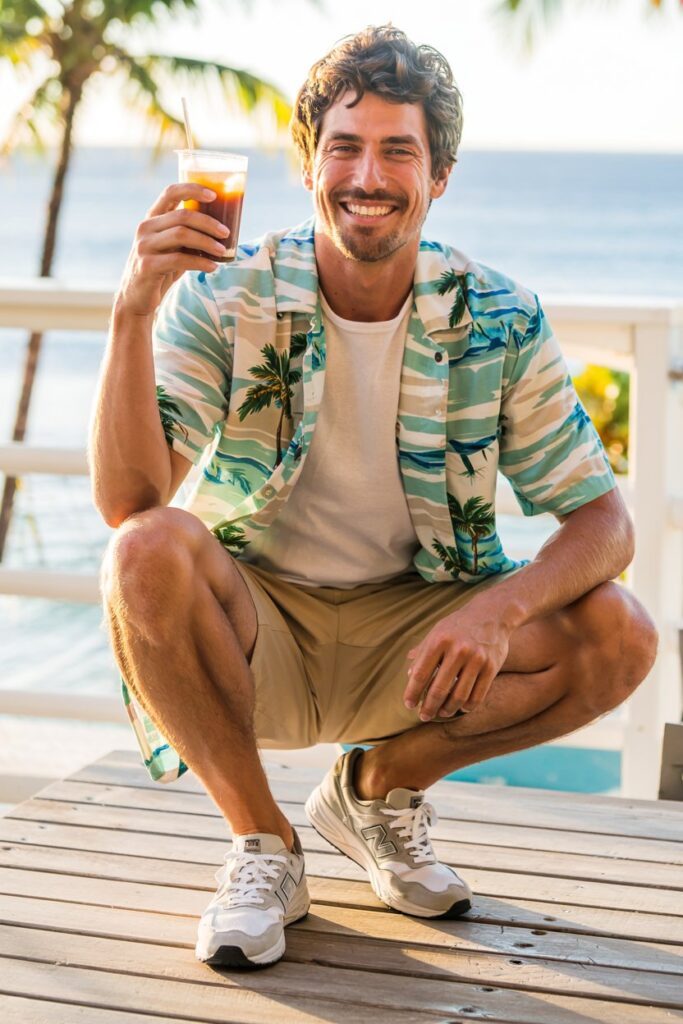 A cheerful male model on a wooden deck, Hawaiian shirt open over a white tee, khaki shorts, and chunky white NB 608s