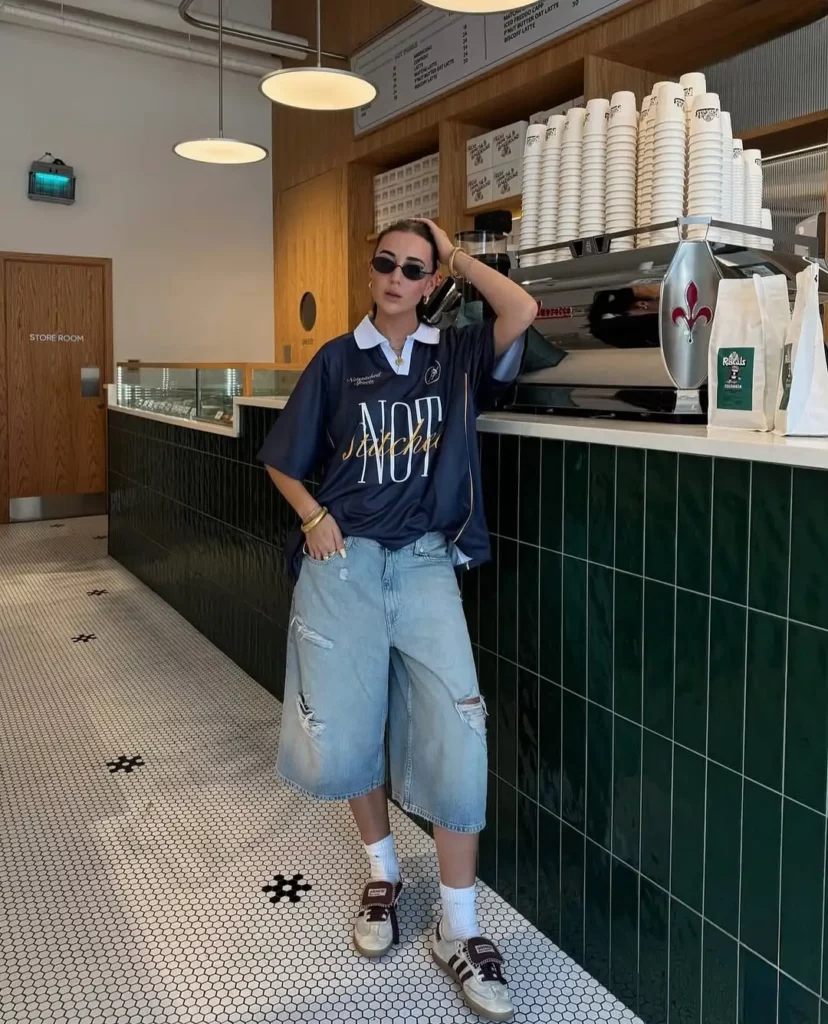 Distressed Bermuda Denim Shorts + Rugby Shirt + Brown Sambas