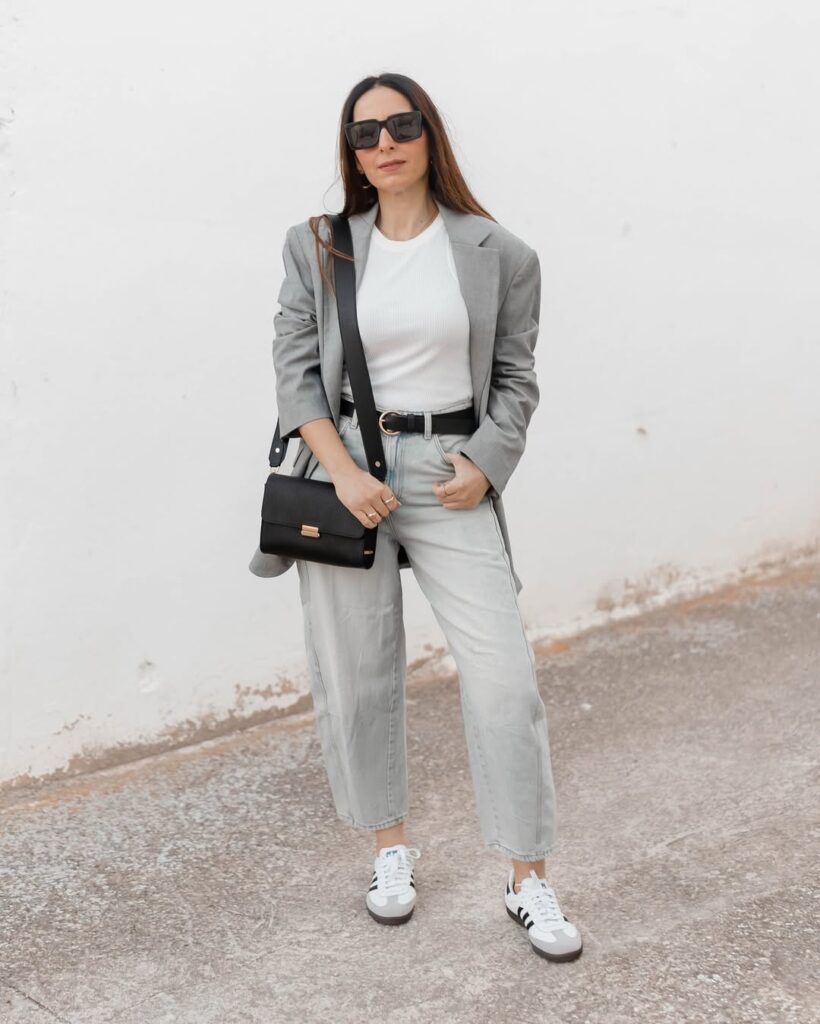 The Smart-Casual Sweet Spot: Gray Blazer + Light Denim + Sambas
